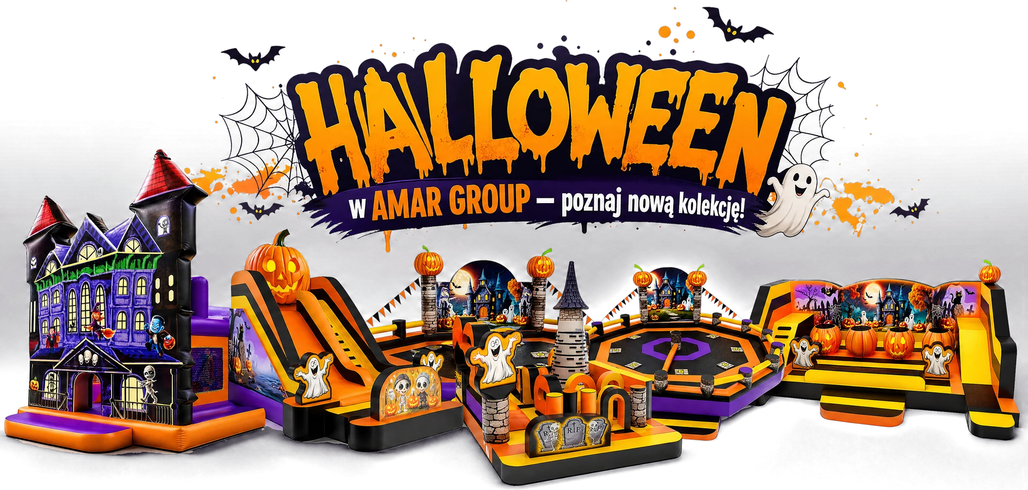 Kolekcja Halloween AMAR Group: nawiedzony zamek dmuchany, zjeżdżalnia z dynią, tor Big Ballers, Eliminator i dmuchany plac zabaw